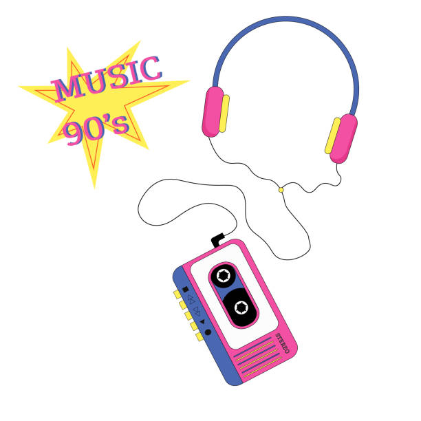 illustrations, cliparts, dessins animés et icônes de illustration d’un lecteur audio, écouteurs. style rétro des années 90. - personal cassette player