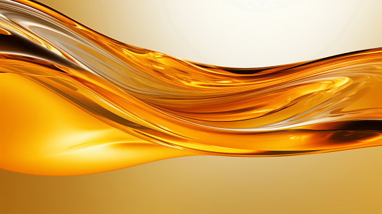 Splashes and drops of liquid oil. Fresh Olive or motor engine oil eco nature golden color close-up. Shine yellow Cosmetic oil or Cosmetic Essence Liquid drop. 3d render