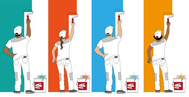 Vector illustration of Male and female painter seen from the back painting a wall