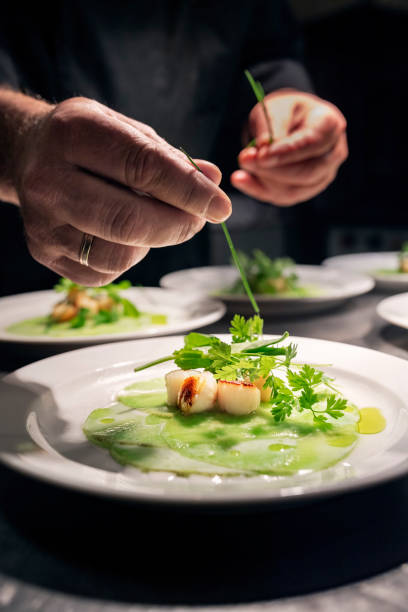 Scallops and Kohlrabi Chef at the pass putting the finishing touches to a dish of, panfried scallops, thinly sliced kohlrabi, served with buttermilk sauce with a dressing of chive and honey infused oil. Colour, vertical format with some copy space. Photographed on location in a restaurant on the island of Moen in Denmark. restaurant food canapes appetizers stock pictures, royalty-free photos & images