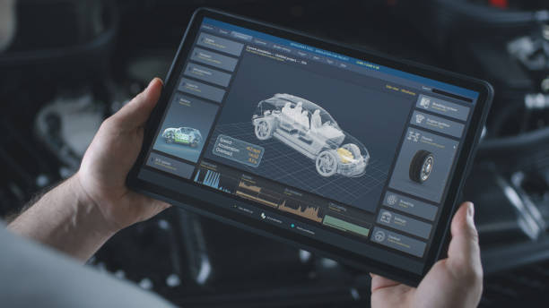 istock Male technician holds tablet with simulation of car diagnostics and aerodynamics 1783682415