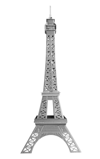 A model Eiffel tower of cardboard isolated on white. Clipping path.