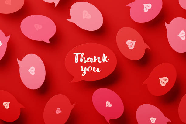 Thank you printed red speech bubbles on blue background. Horizontal composition.