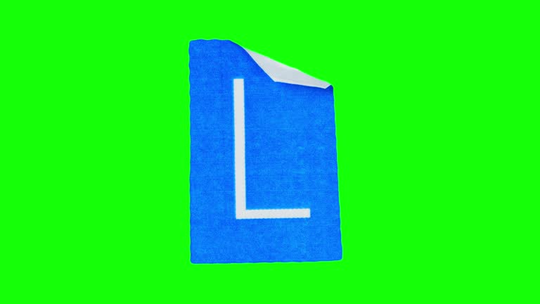 The big letter L on blue rectangle stop motion animation of paper crumple looping on green screen