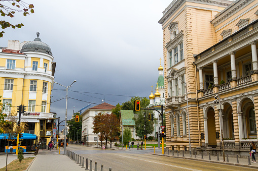 View of the streets of the city and the historical center of the capital of Bulgaria. The city is located at the foot of the Vitosha mountain range. Sofia, Bulgaria - September 22, 2017