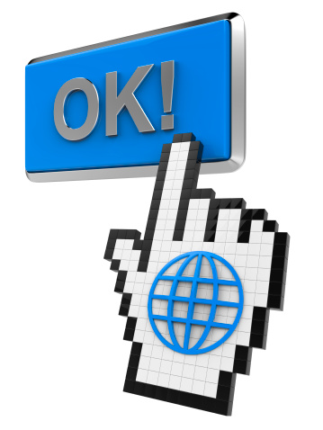 Ok! button and hand cursor with icon of the globe.