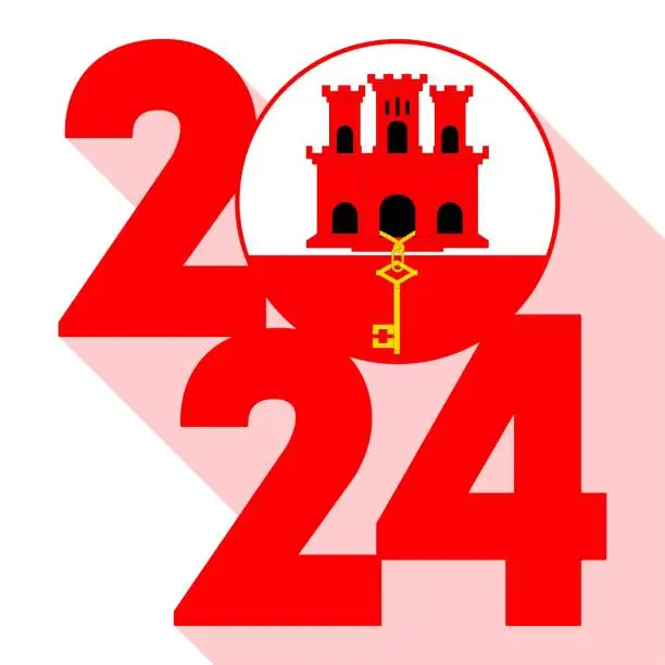 Vector illustration of Happy New Year 2024, long shadow banner with Gibraltar flag inside. Vector illustration.