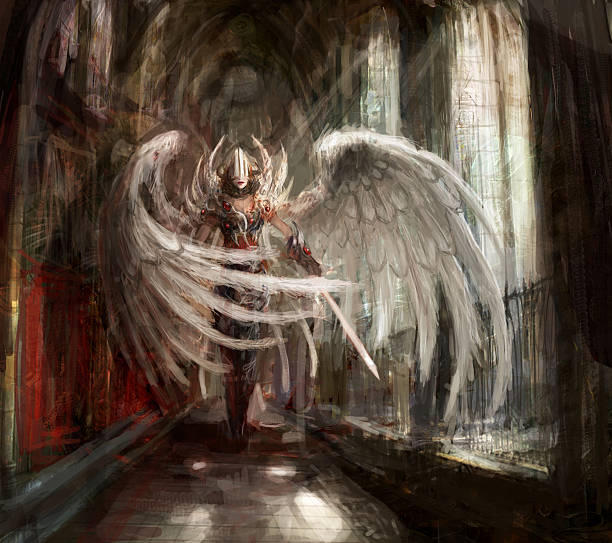 angel cyborg angel girl in catedral fantasy castle interior stock illustrations