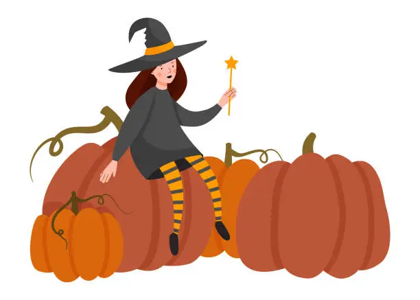 Vector illustration of Halloween scene. A girl dressed as a witch sits on a large pumpkin.
