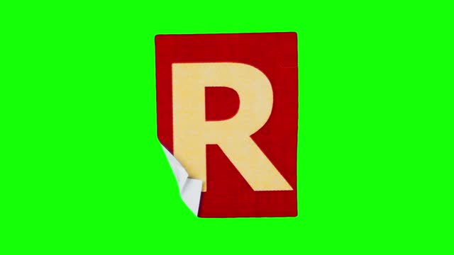 The big letter R on red rectangle stop motion animation of paper crumple looping on green screen