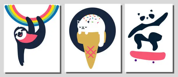 Vector illustration of a minimalist laconic illustration of a black sloth hanging from a rainbow, melting cute cat and panda on scatebord