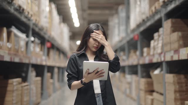 Asian woman feeling stressed about work at the warehouse
