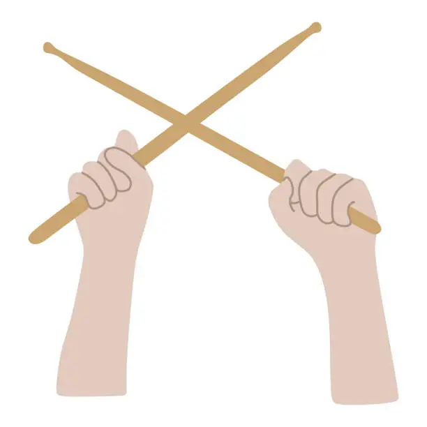 Vector illustration of Hands holding Crossed Wooden Drum sticks. Arms with drumsticks Isolated on white background. Front view. Vector illustration in flat and cartoon style. Music Instrument Accessory for Graphic design