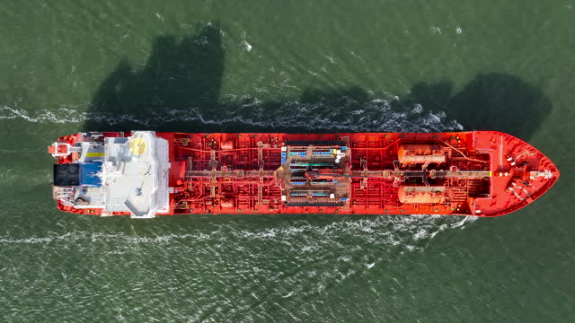 Oil tanker ship seen from directly above