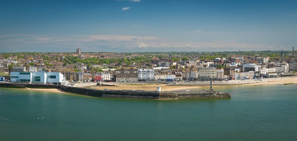 An aerial view of Margate Beach and Harbour Arm with the backdrop of the cityscape. Kent, England