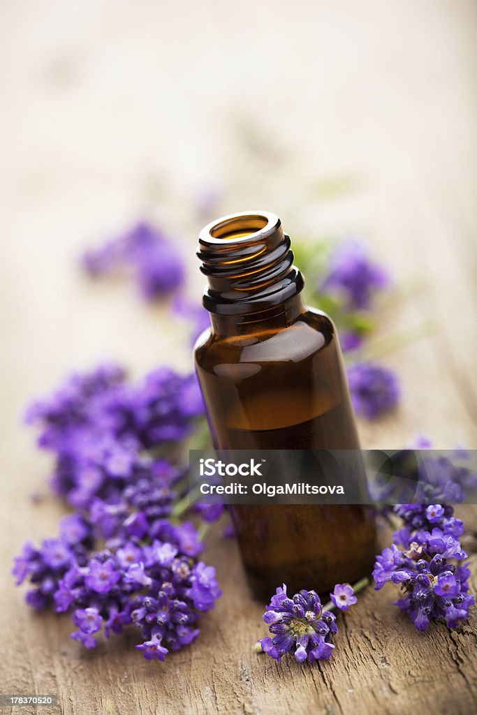 essential oil and lavender flowers Alternative Medicine Stock Photo