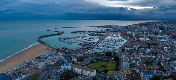 An aerial view of the Marina and Harbour at sunset. Ramsgate, Kent, England