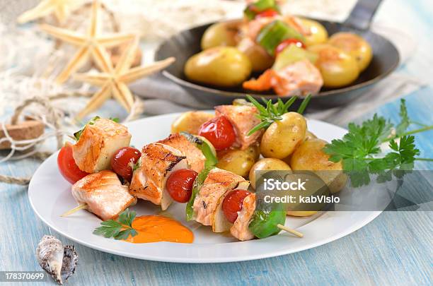 Fish Skewers Stock Photo - Download Image Now - Salmon - Seafood, Skewer, Appetizer