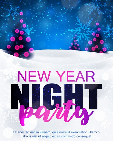 Happy New Year Party Poster with Christmas night background, with fir trees with pink lights and snow, dark blue sky. Holiday Greeting Card, Invitation, Design Template, decor. Vector illustration