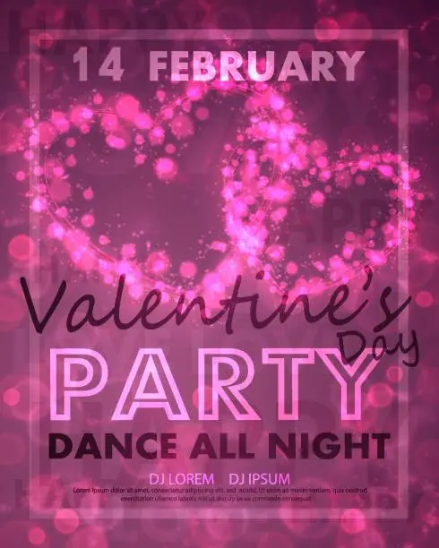 Vector illustration of Poster for Valentines Day party, dance template with frame, border,  illuminated pink hearts from line, burst, lights and lettering love, happy. Vector illustration for Holidays.