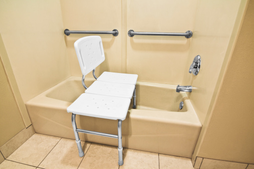 The chair helps the disabled and handicap use the bathtub easier with access at the height of a wheelchair. The wall handles help with accessibility.