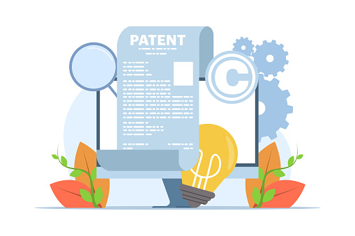 Patent law copyright concept, copyright protected by law, patent protection, intellectual property concept, copyright symbol, electronic legal document, digital law. flat vector illustration.