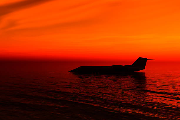 Golden sunset on the water with selective focus on the private jet landed in the sea. This image is done in 3D rendering by the photographer.