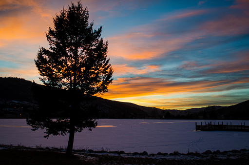Nottingham Lake at sunset in Avon, Colorado in the winter
