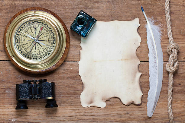istock Compass, paper, binoculars, quill, inkwell rope on wood 178372543