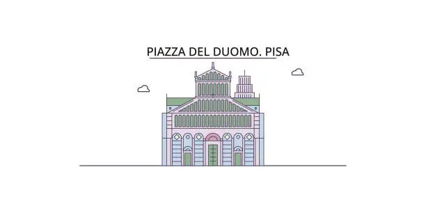 Vector illustration of Italy, Pisa, Piazza Del Duomo tourism landmarks, vector city travel illustration