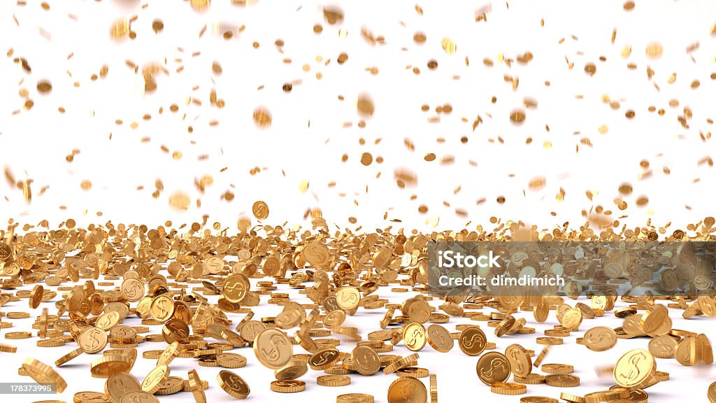 Rain a large amount of gold coins rain from the golden coins. isolated on white. Coin Stock Photo