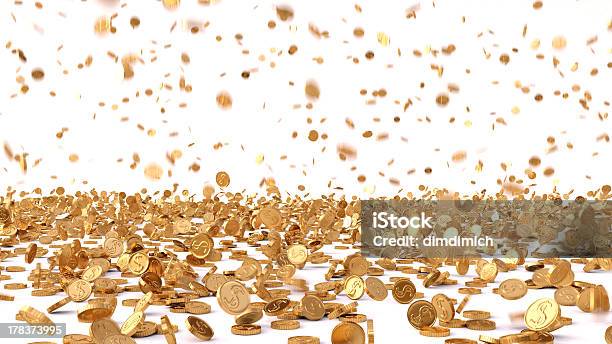 Rain A Large Amount Of Gold Coins Stock Photo - Download Image Now - Coin, Rain, Gold - Metal