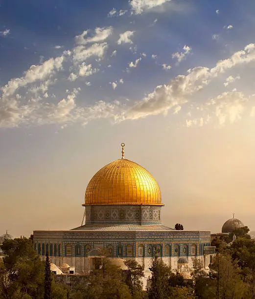 "view of the golden Dome of the Rock of Al Aqsa Mosque from the Mount of Olives.Jerusalem, Israel"