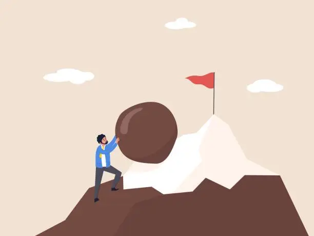 Vector illustration of Motivation concept. Hard work like pushing boulder uphill, burden or obstacle, business difficulty, struggle, challenge to success, persistence. Businessman pushing boulder uphill to mountain peak.