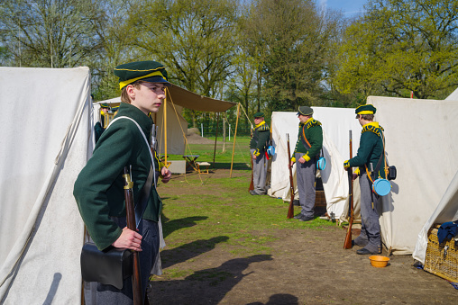 Almelo, Netherlands - April 22, 2023: The Historical Festival Almelo is a reenactment event set in the French period (1795-1815). The focus is on the Battle of Ruigerode, a staged battle in Napoleonic style