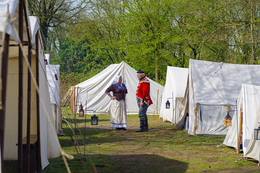 Almelo, Netherlands - April 22, 2023: The Historical Festival Almelo is a reenactment event set in the French period (1795-1815). The focus is on the Battle of Ruigerode, a staged battle in Napoleonic style