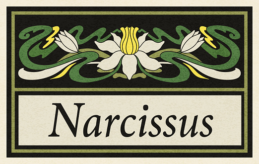 Floral narcissus plant in art nouveau 1920-1930. Hand drawn narcissus in a vintage style with weaves of lines, leaves and flowers. Vector illustration.