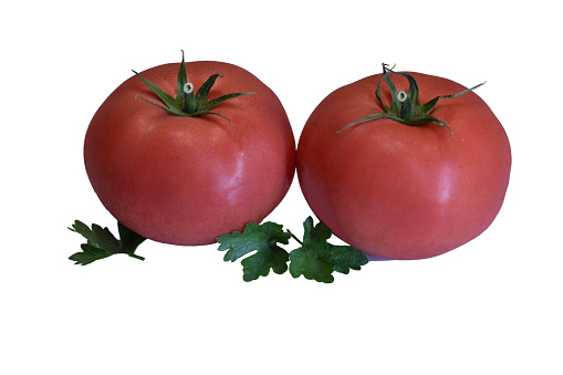 Two red ripe and round tomatoes lie on a white background.