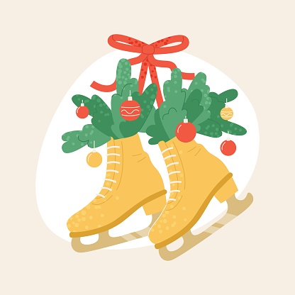A pair of yellow skates with New Year holiday decorations are hanging on the wall.. Flat vector illustration.