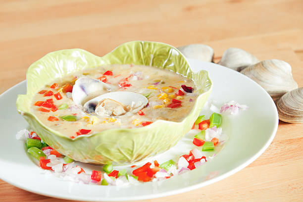 Single serving of Cream based clam chowder stock photo