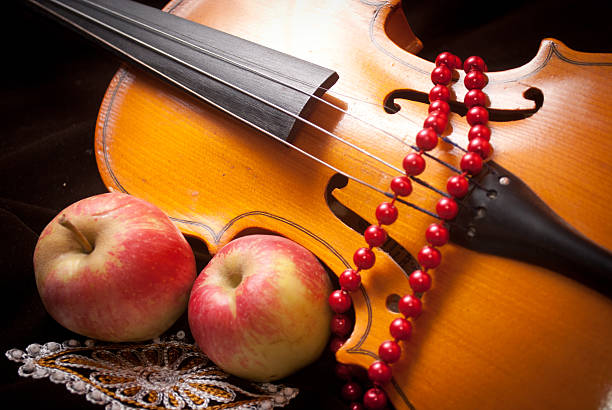 Old violin and apples stock photo