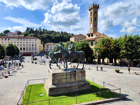 Old bell tower surrounding Piazza Mino in Fiesole, a historic town on the hill surrounding Firenze, Tuscany