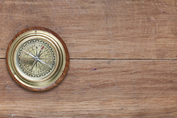 istock Brass compass on the oak wood table 178377443