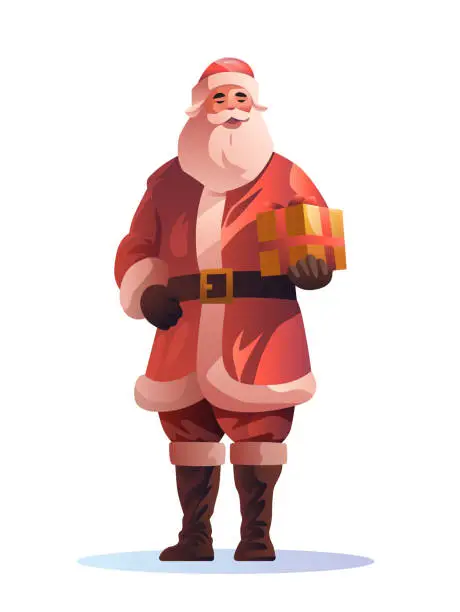 Vector illustration of santa claus in red costume and hat holding gift box christmas eve holiday happy new year celebration template vertical