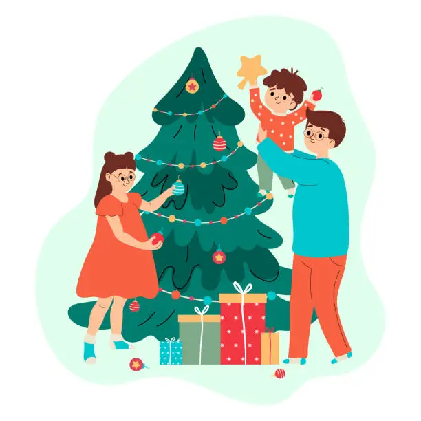 Vector illustration of Family celebrates Christmas. Father and children decorate the Christmas tree.