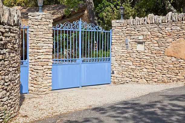 Lavender Gate in Stone Wall stock photo