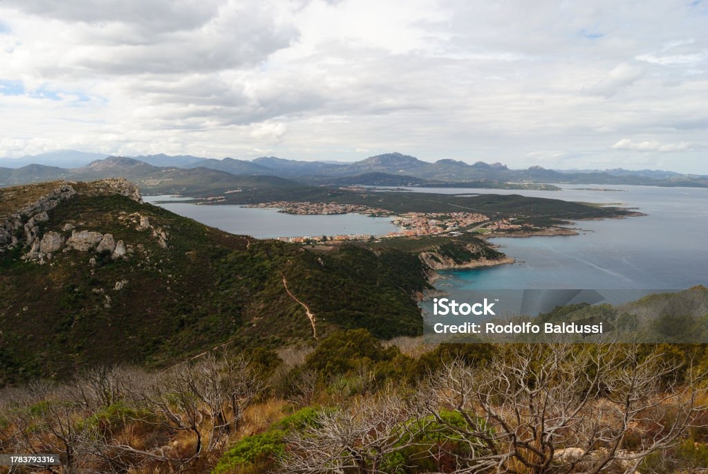 Panorama of Golfo Aranci from Capo Figari Panorama di Golfo Aranci da Capo Figari, Sardegna, Gallura, Golfo Aranci Coastline Stock Photo