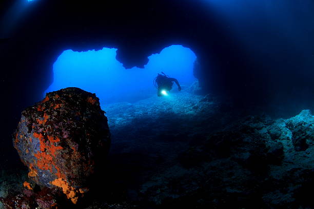 Diver in underwater cave Silhouette of  diver in opening of cave... deep sea diving underwater underwater diving scuba diving stock pictures, royalty-free photos & images