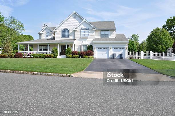 Trash Cans Suburban Home Driveway Stock Photo - Download Image Now - House, Driveway, Curb