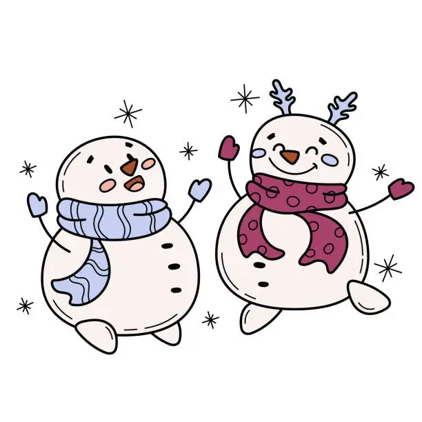 Vector illustration of Cute happy dancing snowmen. Winter handdrawn illustration. Holiday activities. Cartoon characters for Christmas and New year seasonal design.
